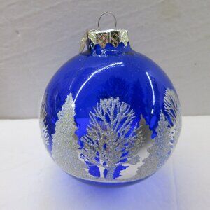 Bronner's Cobalt Blue Unsilvered Glitter Trees Glass Christmas Ornament Hungary